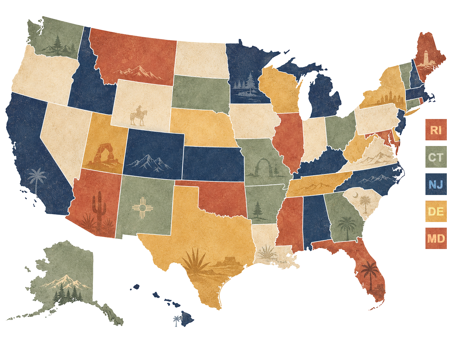 Illustrated map of the United States with clickable state job directories